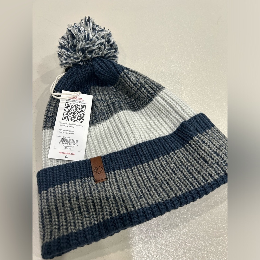 Obermeyer Men's Oakland Pom Beanie Navy Grey Hat Foldover Cuff Acrylic Yarn NWT